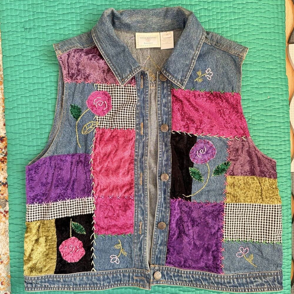 Susan Bristol P L Floral Hand Embroidered Patchwork Denim Vest Y2K 90s Vintage - Picture 2 of 16